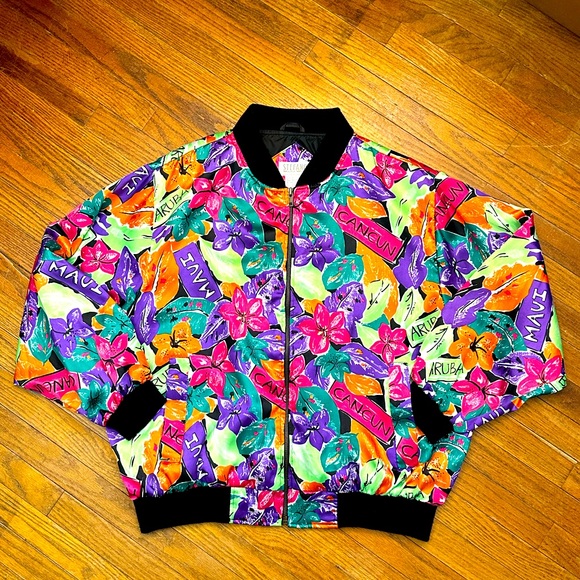 Vintage Stefano World Wide Tropical Satin Bomber Jacket Size L Travel Beach 90s - Picture 1 of 7